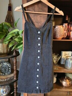 F21 Women's Black Denim Button-Front Fitted Dress with adjustable straps, Small
